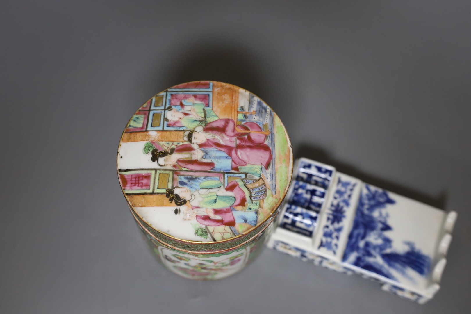 A Chinese Canton famille rose jar and cover and a Chinese blue and white brush stand